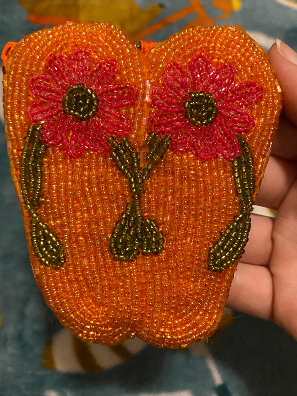 Beaded Flip Flops Coin Pouch Keyring Orange/Pink Tropical Floral